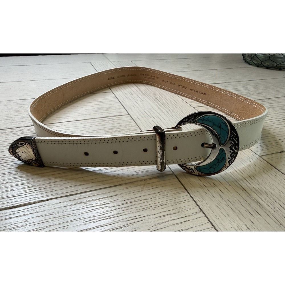 Vtg 1988 LIZ CLAIBORNE‎ Women's L Wide Belt White Leather Turquoise Buckle Retro